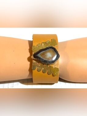 Handmade Tan Leather Cuff Bracelet with Agate Accent